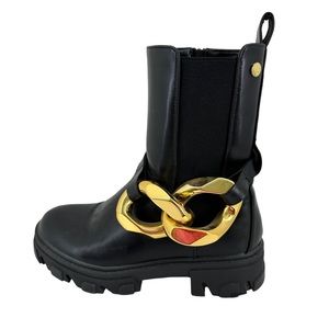 Boots Womens 39 Black Gold Chain Chunky Ankle Combat Faux Leather Solid